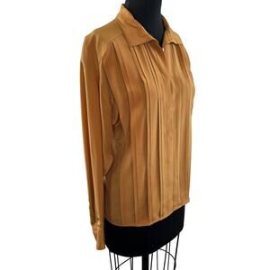 VINTAGE Linda Allard For ELLEN TRACY Gold Brown Silk Pleated Long Sleeve Shirt 4